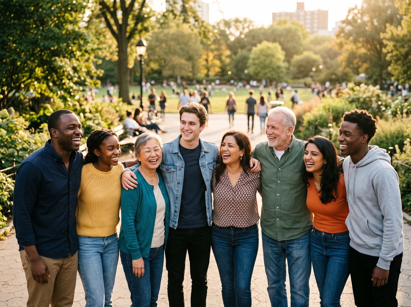 A diverse group of community members standing together in warm afternoon light